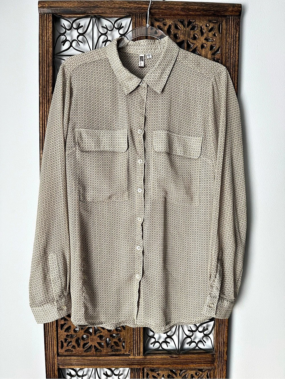 Kut from the Kloth Geometric Button Down Shirt in Beige & Green